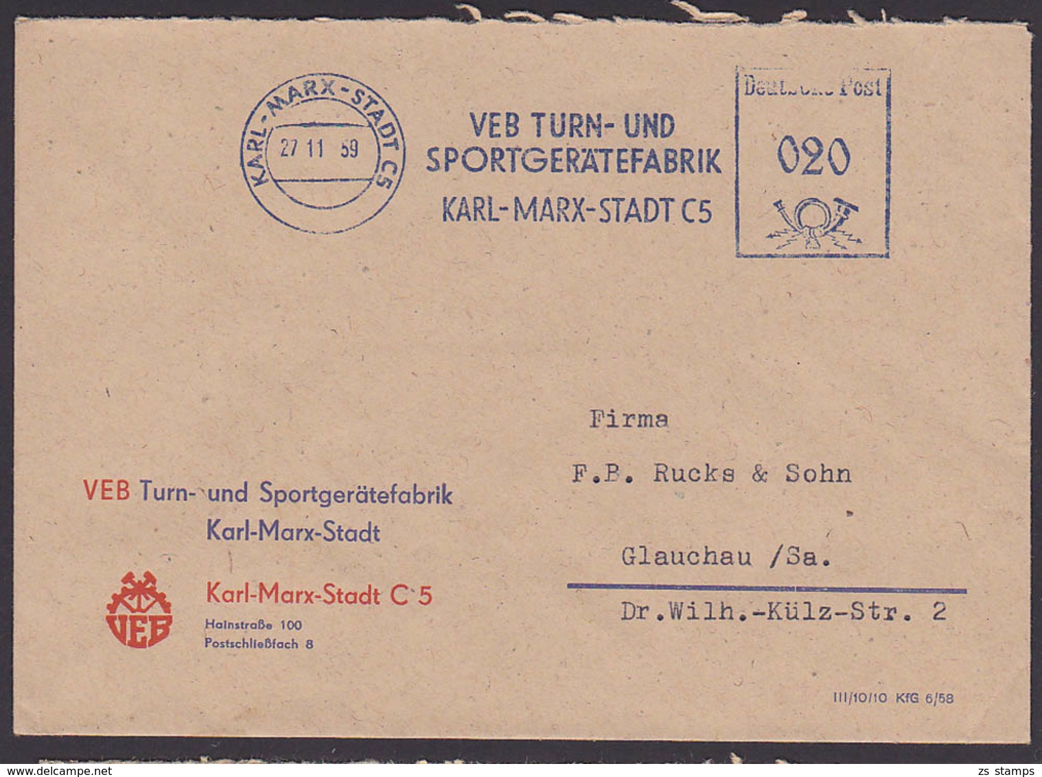 Karl-Marx-Stadt DDR AFS27.11.59 Dienstpost VEB Turn- U. Sportgerätefabrik - Gymnastiek