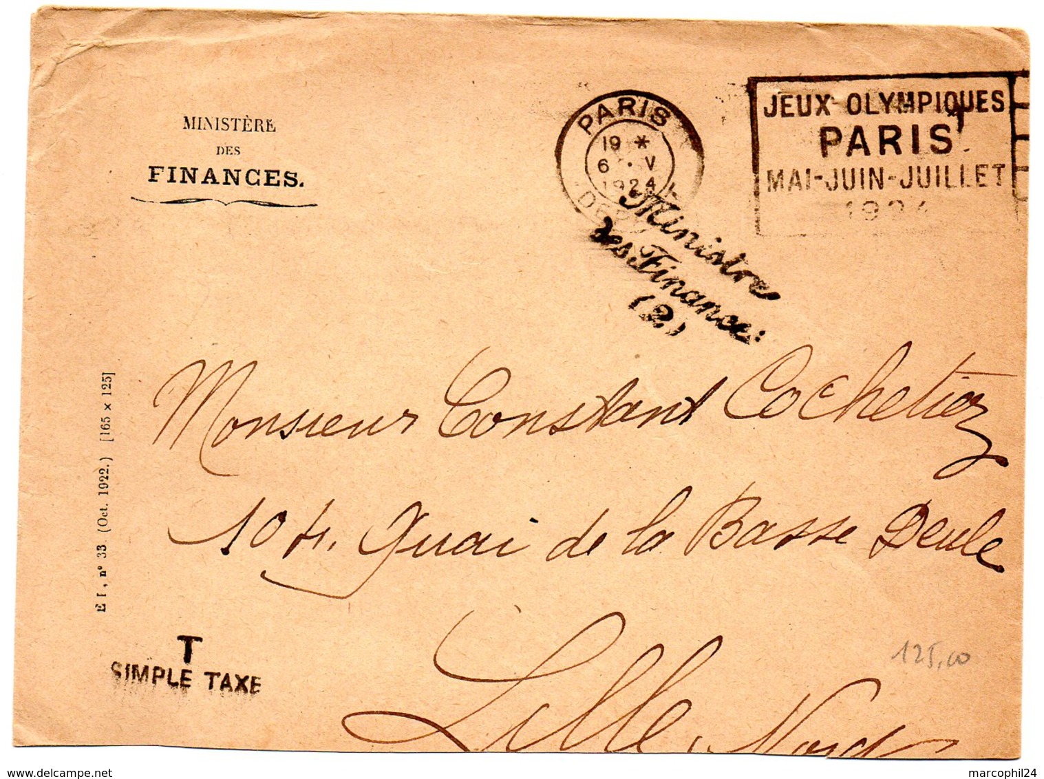 PARIS DEPART 1924 =  FLAMME FLIER = JEUX OLYMPIQUES + FRANCHISE MINISTRE Des FINANCES + TAXE - 1859-1959 Briefe & Dokumente