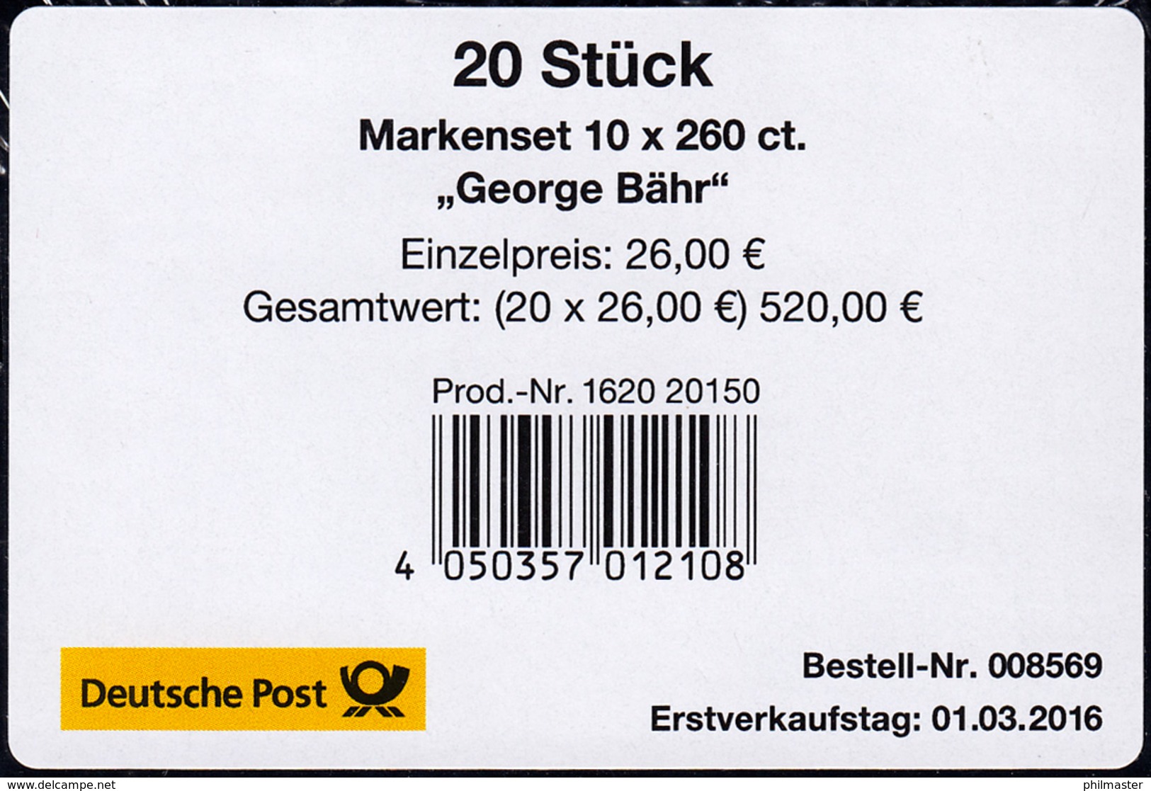 104 MH George Bähr: Frauenkirche Dresden, BANDEROLE Für 20 Markensets - Sonstige & Ohne Zuordnung