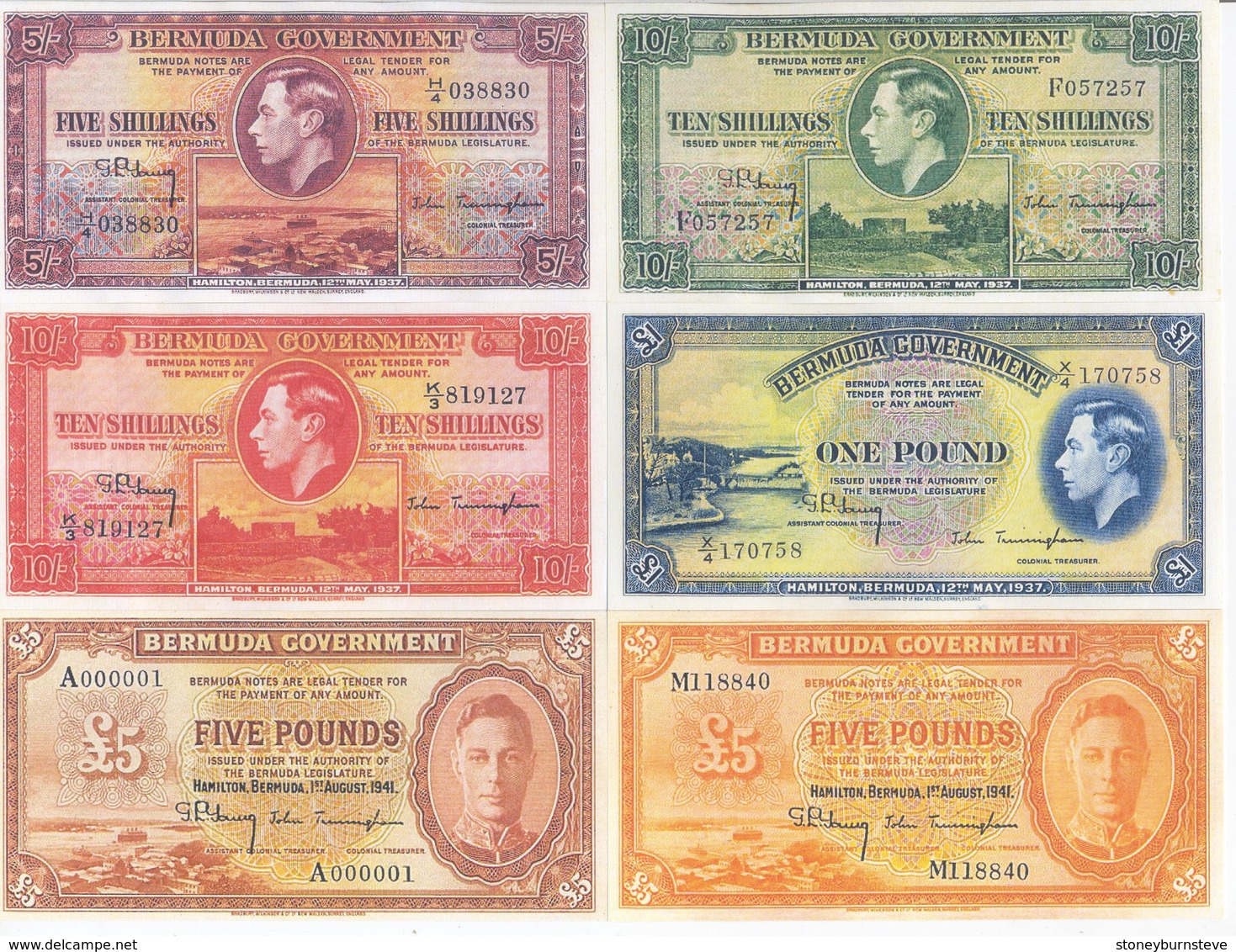 Bermuda 6 Note Set 1937 COPY - Bermude