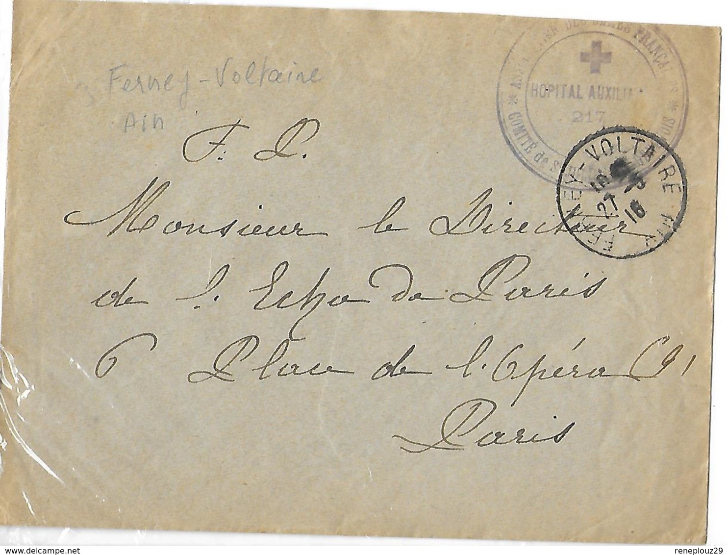 01-cachet De L'Hôpital Aux. N°217 De Ferney-Voltaire Sur Lettre - Guerre De 1914-18