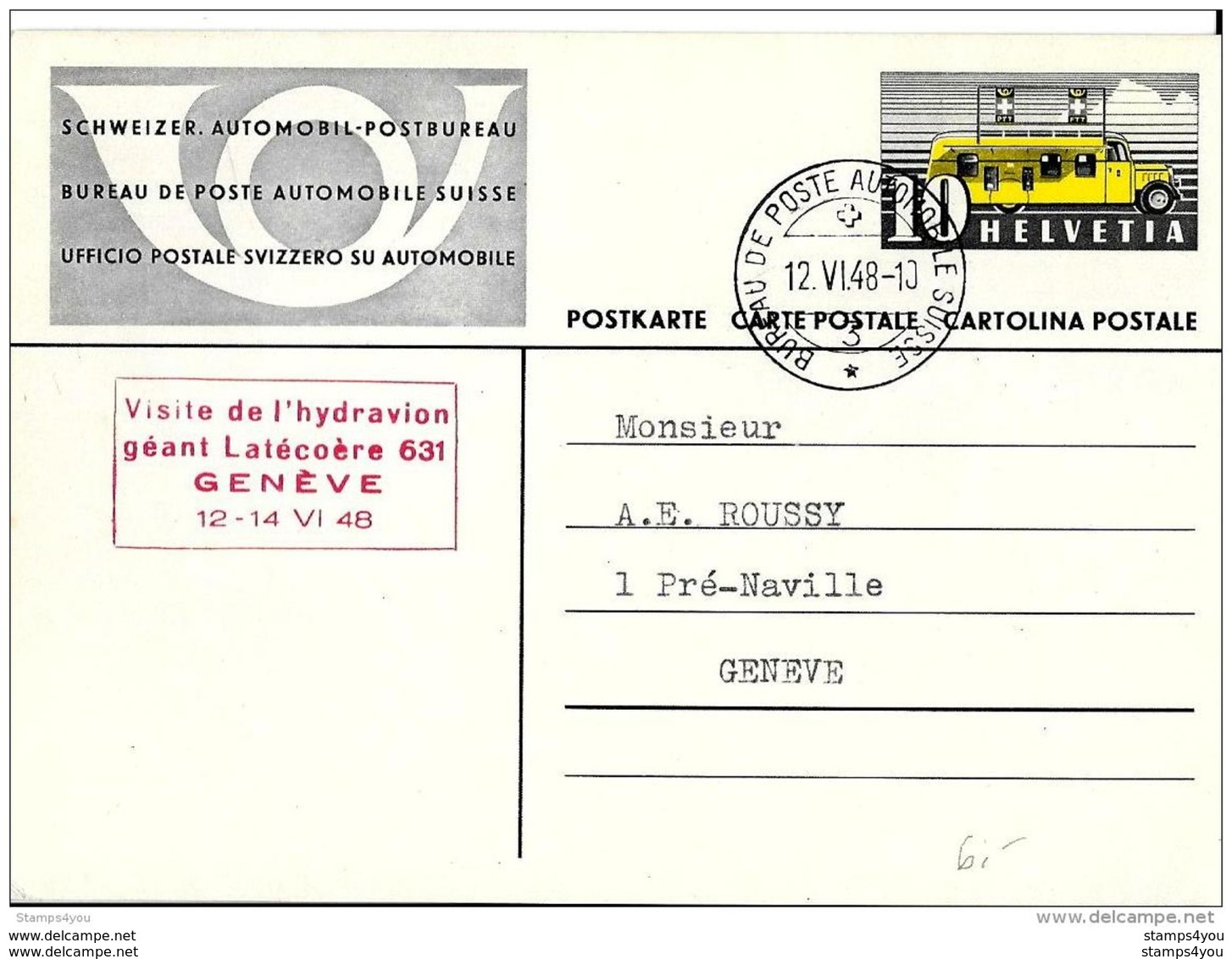 41 - 20 - Entier Postal Avec Oblit Spéciale "Visite De L'hydravion Géant Latécoère Genève 1948" - Storia Postale