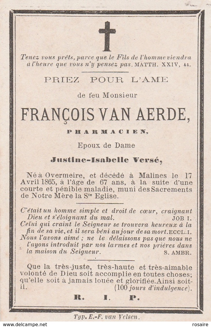 Francois Van Aerde-overmeire-malines 1865 - Images Religieuses