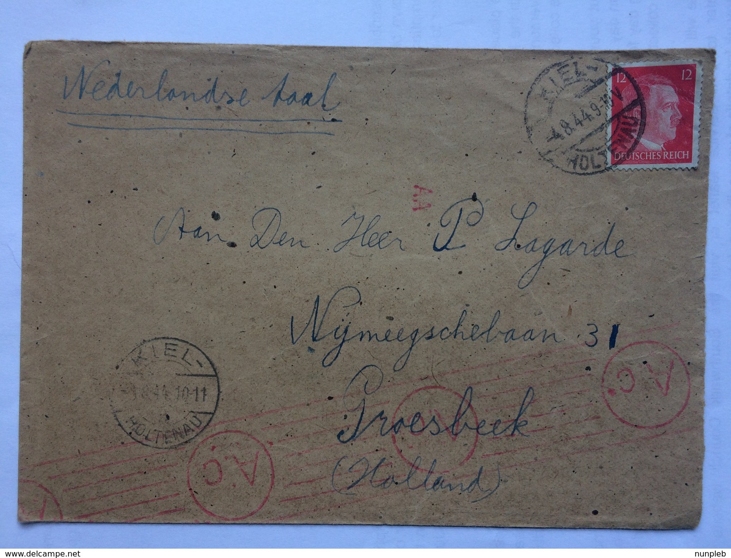 GERMANY 1944 Cover Kiel To Groesbeek Netherlands Censor Cachets - Covers & Documents