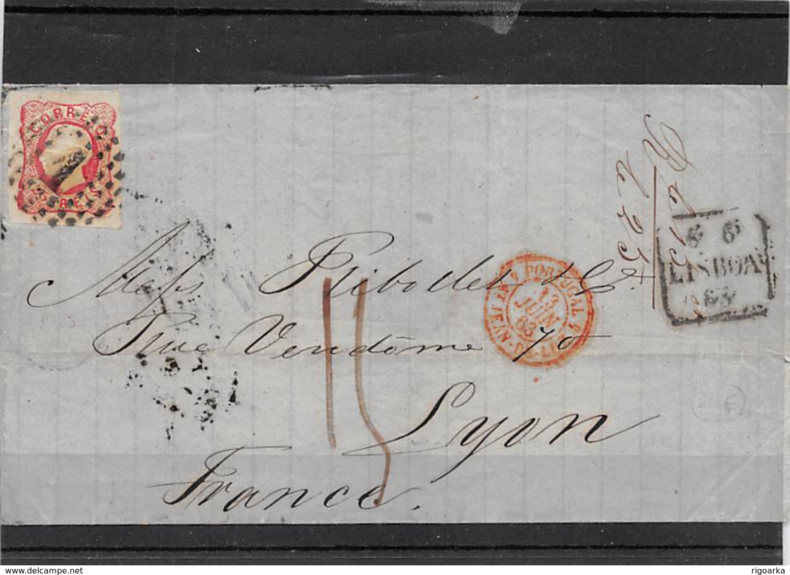 1868.- LETTER FROM LISBOA TO LYON (FRANCIA). SEVERAL TRANSIT POSTMARKS: ELVAS, BADAJOZ,PARIS, LYON - Covers & Documents