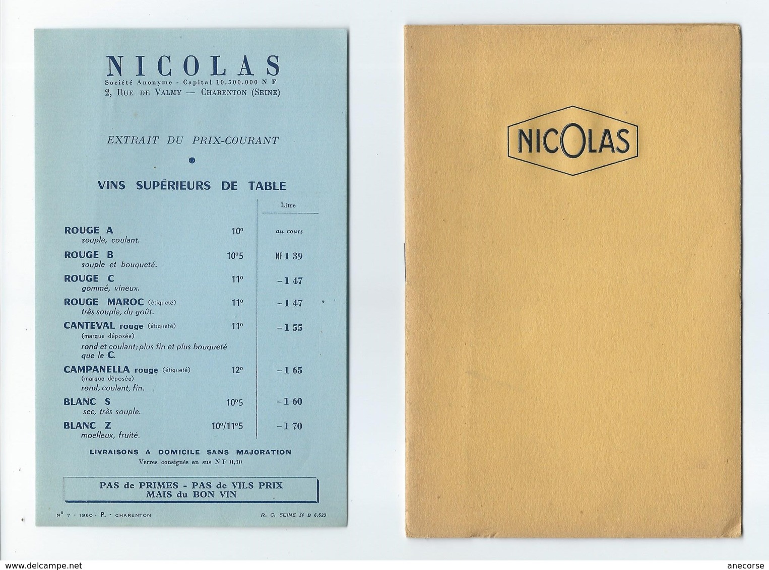NICOLAS - Petit Livret De Tarifs "Etablissements Nicolas" - 1960 - Reclame