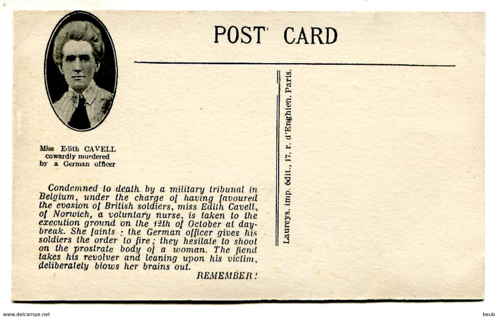 Remember Miss Edith Cavell (2 Scans) - Oorlog 1914-18