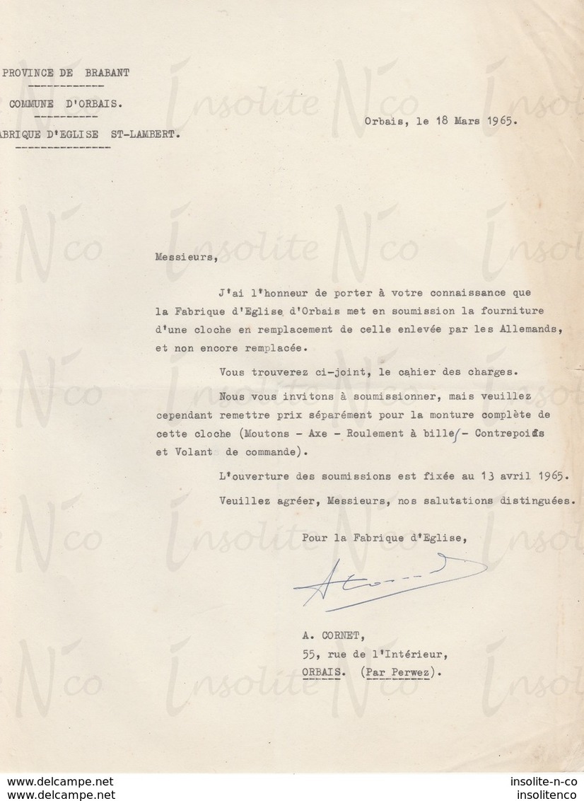 Lettre Fabrique D'église St-Lambert Pour L'ouverture Soumission Remplacement Cloche D'Orbais 18 Mars 1965 - Petits Métiers