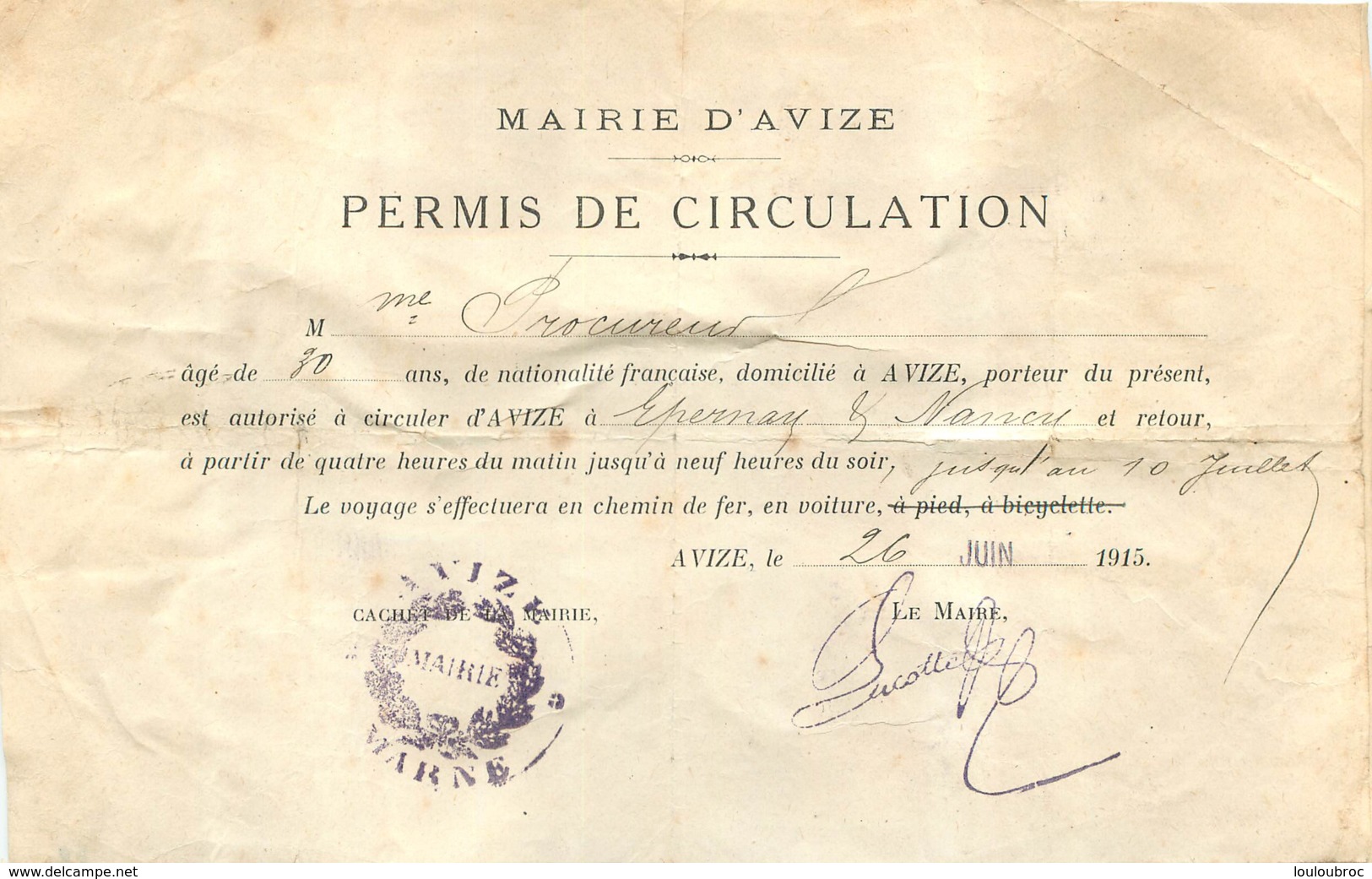 MAIRIE D'AVIZE PERMIS DE CIRCULATION D'AVIZE A EPERNAY ET NANCY  1915 - 1914-18