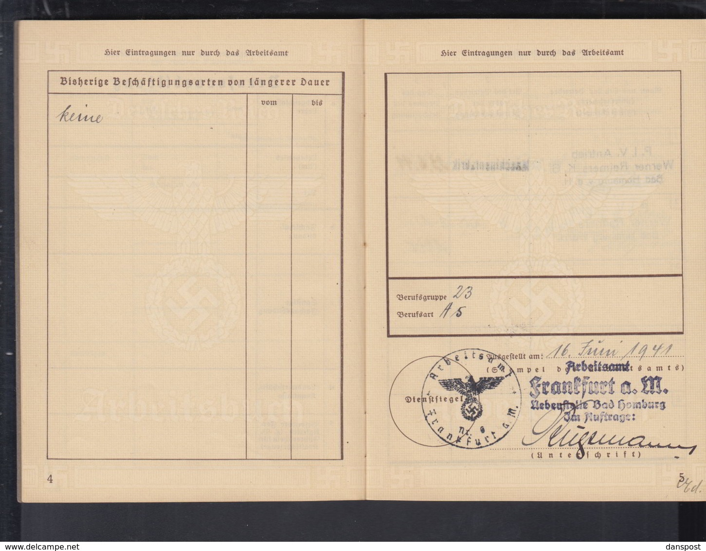 DR Arbeitsbuch Bürohilfskraft PIV Antrieb Werner Reimers KG Bad-Homburg VdH 16.6.1941 Frankfurt - Historische Dokumente
