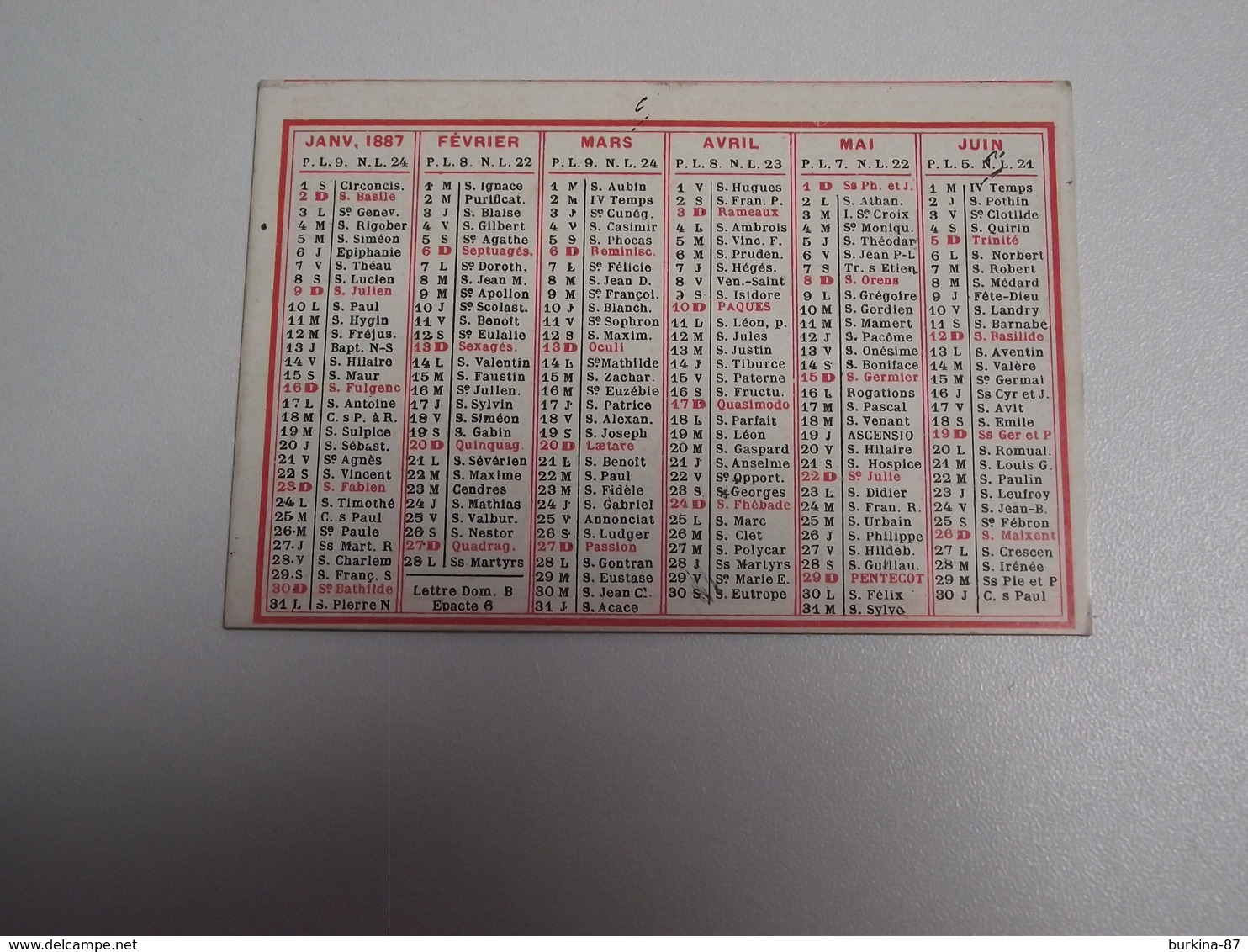 CALENDRIER , 1887, Carte Recto Verso, Six Mois - Formato Piccolo : ...-1900