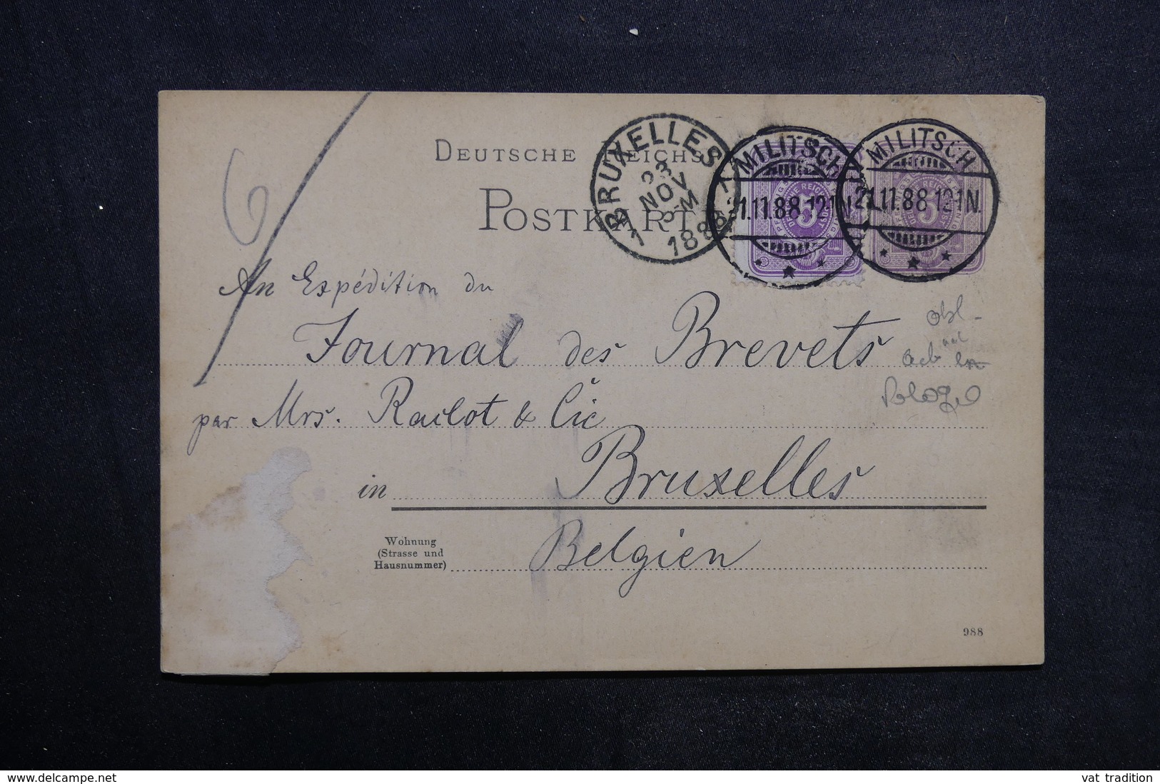 ALLEMAGNE - Entier Postal + Complément De Militsch Pour Bruxelles En 1888 - L 33611 - Autres & Non Classés