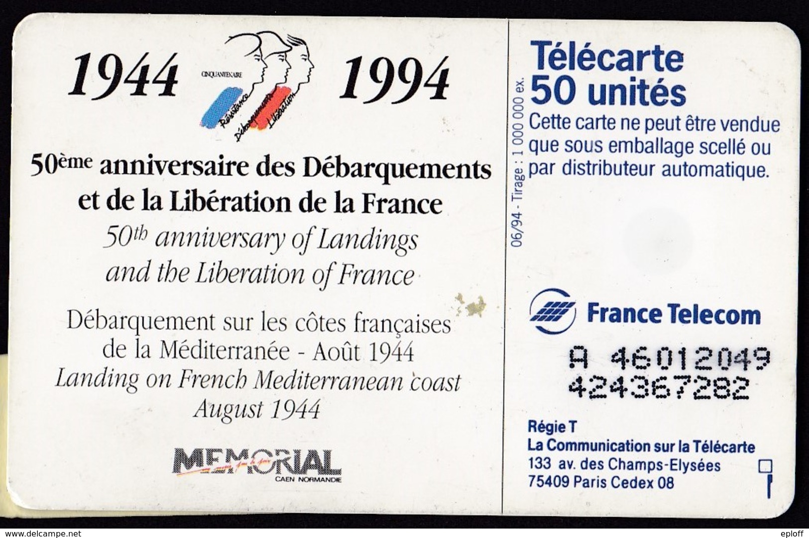 FRANCE Télécarte 50 Unités SO5 De 06.94   50ème Anniv.Débarquement    Débarquement Méditerranée  Tirage 1k Ex. - Telefoonkaarten Voor Particulieren