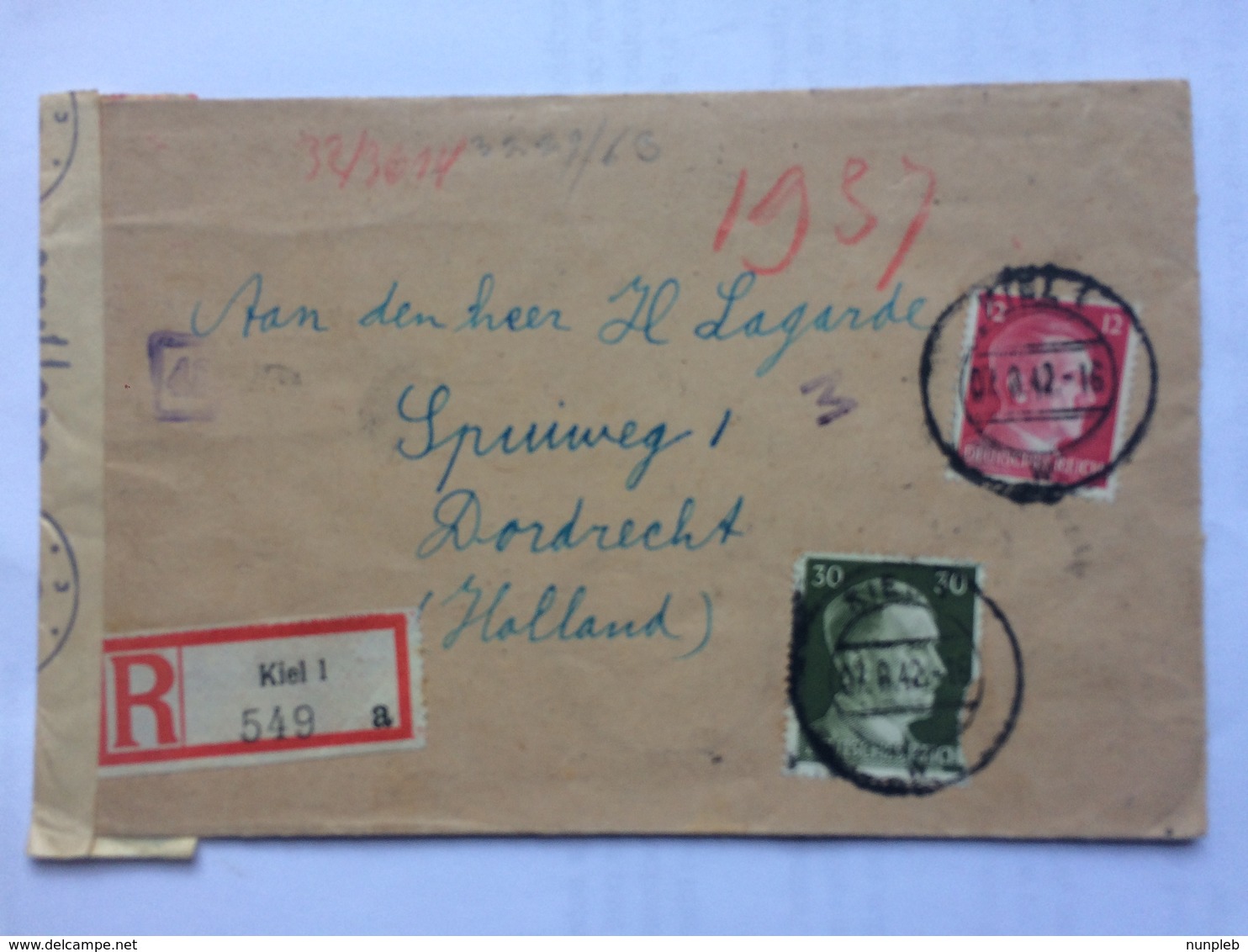 GERMANY 1942 Registered Kiel Cover To Dordrecht Netherlands With Censor Marks And Tape - Covers & Documents