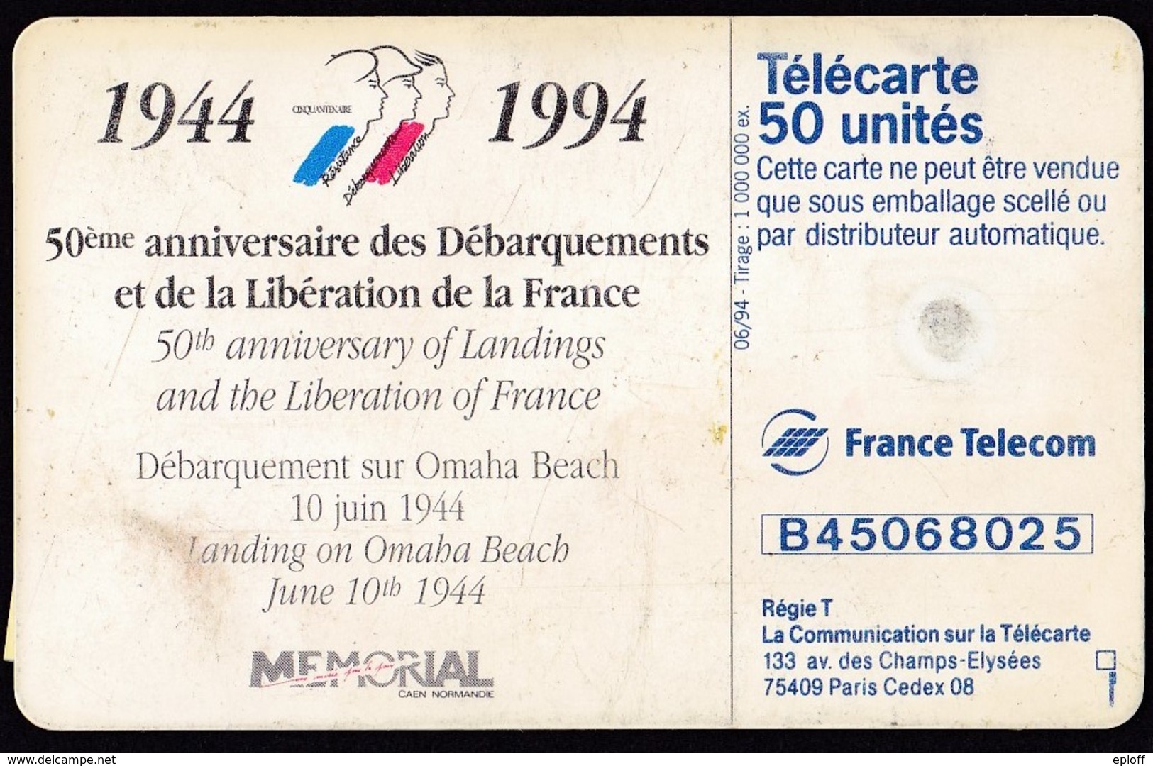 FRANCE Télécarte 50 Unités Gem De 06.94   50ème Anniv.Débarquement    Débarquement Omaha Beach   Tirage 1k Ex. - Telefoonkaarten Voor Particulieren