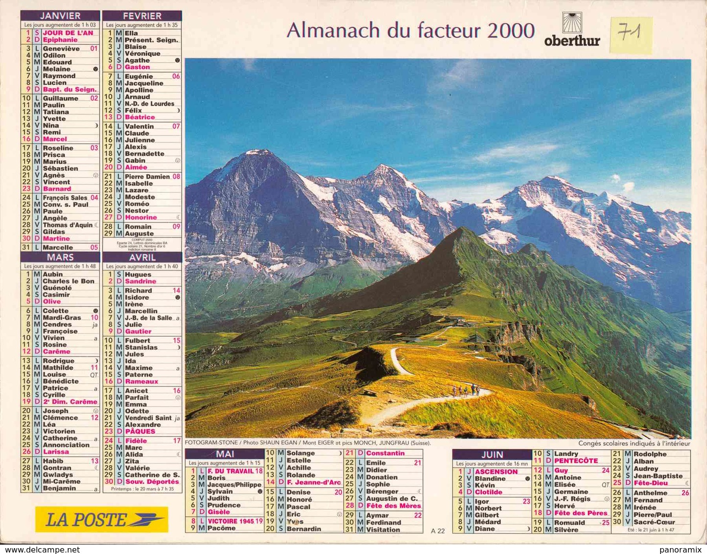 °° Calendrier Almanach La Poste 2000 Oberthur - Dépt 71 - Paysages De Suisse Et De Corse - Big : 1991-00