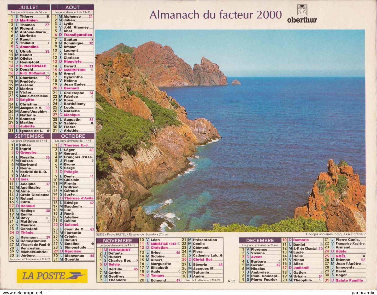 °° Calendrier Almanach La Poste 2000 Oberthur - Dépt 71 - Paysages De Suisse Et De Corse - Grand Format : 1991-00
