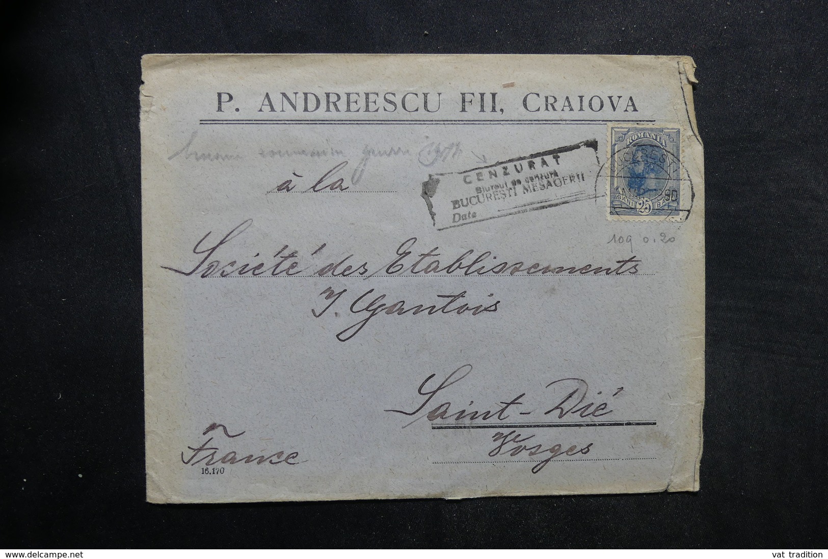 ROUMANIE - Enveloppe Commerciale De Bucarest Pour La France En 1919 Avec Cachet De Censure - L 33618 - Briefe U. Dokumente