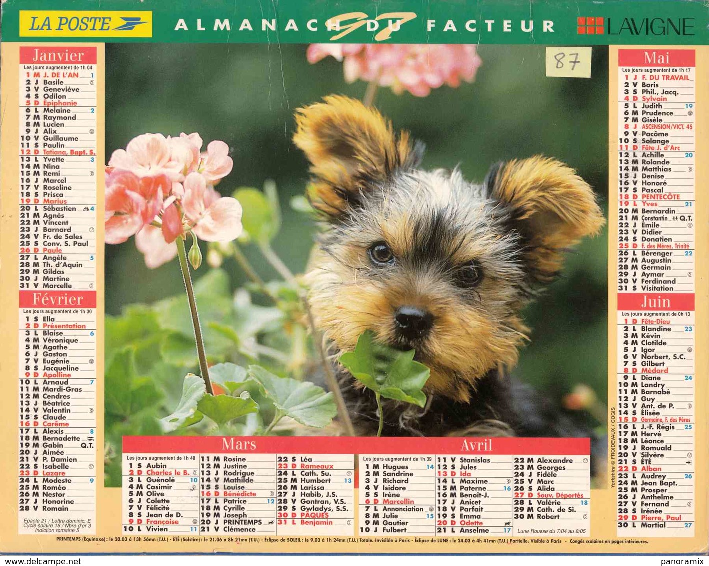 °° Calendrier Almanach La Poste 1997 Lavigne - Dépt 87 - Chien Et Chat - Grand Format : 1991-00