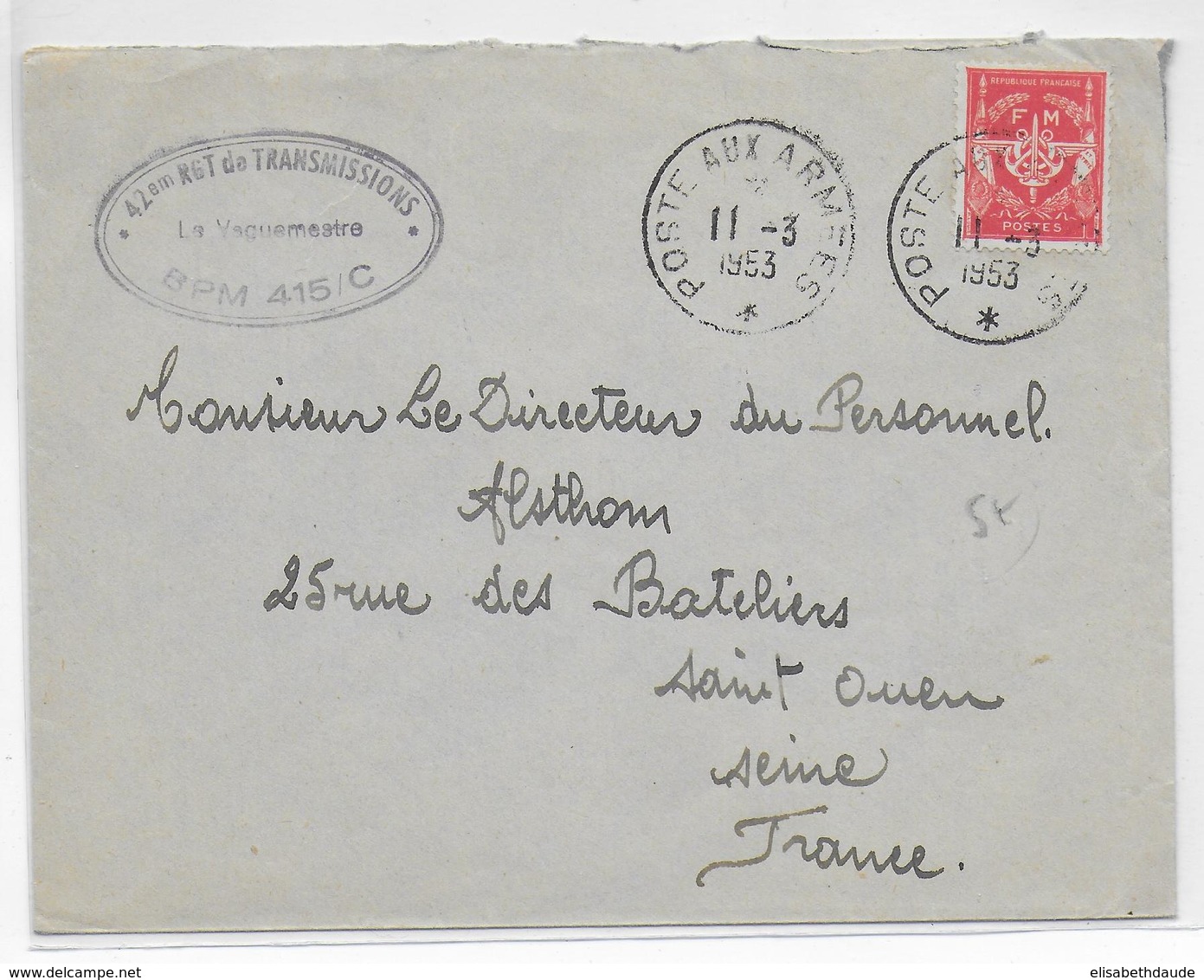 1953 - ENVELOPPE FM Du BPM 415 / C à ZWEIBRÜCKEN (ALLEMAGNE) - 42° RGT De TRANSMISSIONS - Military Postmarks From 1900 (out Of Wars Periods)