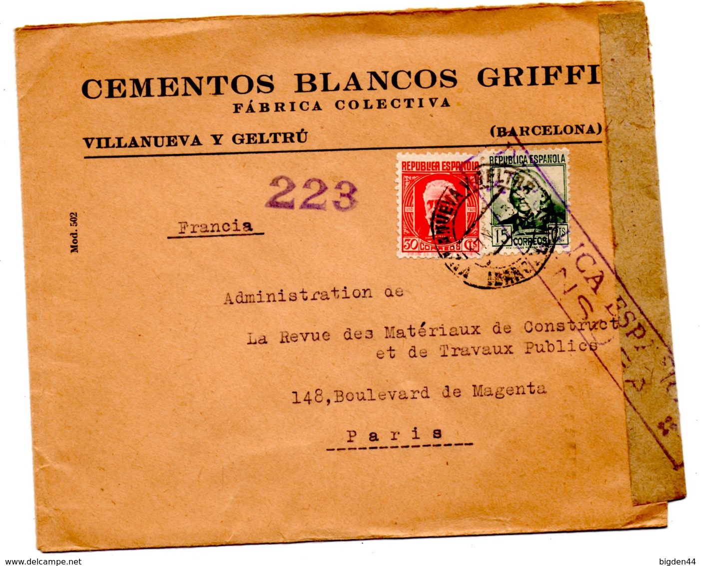 Lettre De Villanueva Y Geltru, Barcelona (17.03.1938)  Pour Paris Censura Republica 223 - Marques De Censures Républicaines