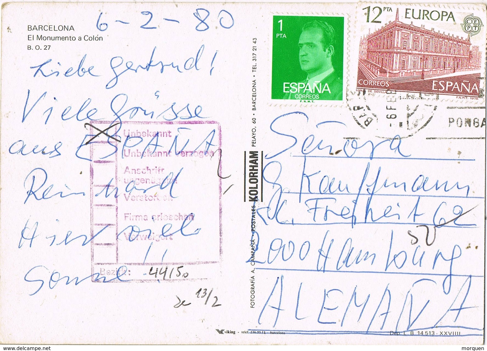 33264. Postal BARCELONA 1980. Retour, Devuelto Desconocido, Inconnu. Monumento COLON - Cartas & Documentos