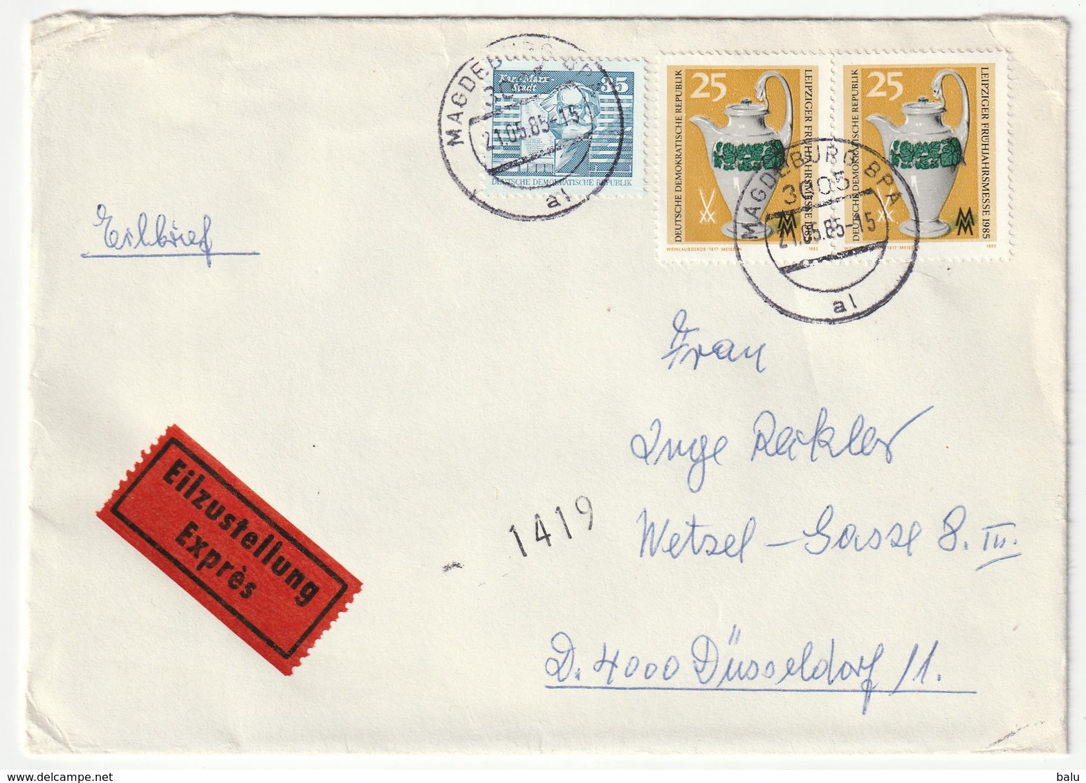 DDR 1985 Michel Nr. 2930 Waagerechtes Paar Und 2506 Auf Eilzustellung Exprès Brief Von Magdeburg Nach Düsseldorf 2 Scans - Storia Postale