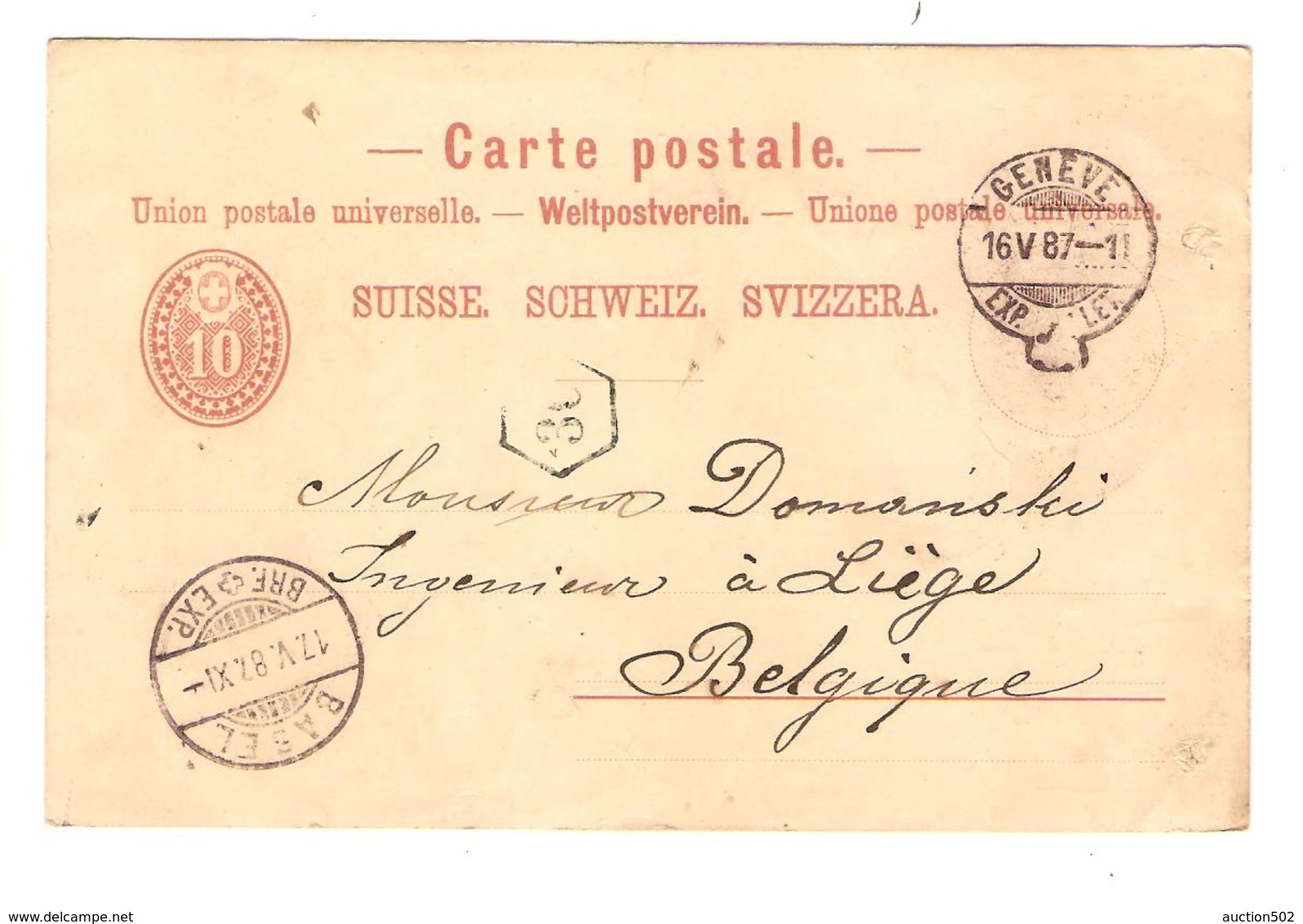 PR6601/ Suisse Entier CP Avec Repiquage Suchard Chocolat C.Genève 1887 Via Basel V.Belgique Liège C.facteur - Postwaardestukken