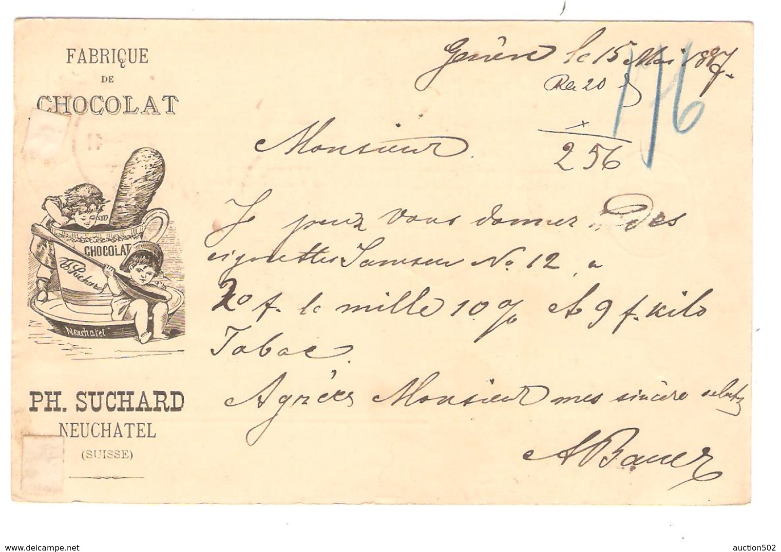 PR6601/ Suisse Entier CP Avec Repiquage Suchard Chocolat C.Genève 1887 Via Basel V.Belgique Liège C.facteur - Entiers Postaux