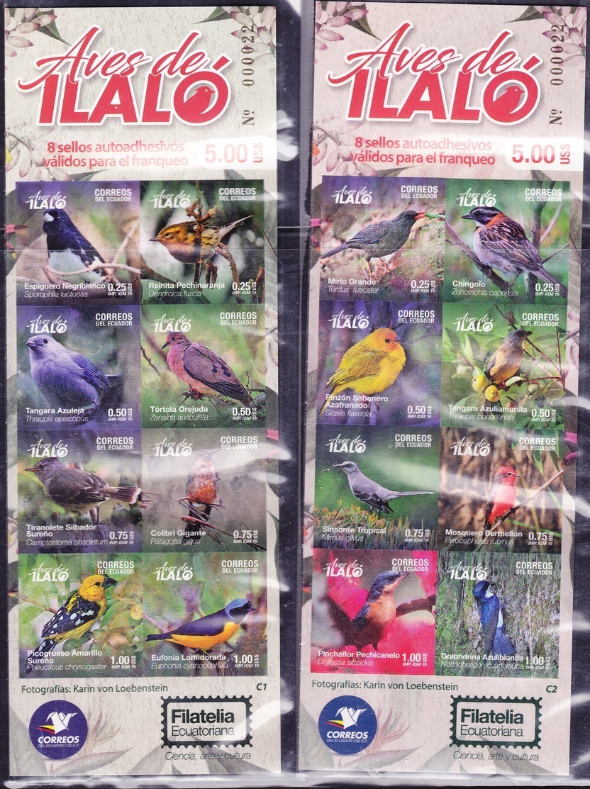 ECUADOR 2019 ILALÓ HILL BIRDS NATIVE CARNETS (2) X 8 ADHESIVE STAMPS EACH - Ecuador