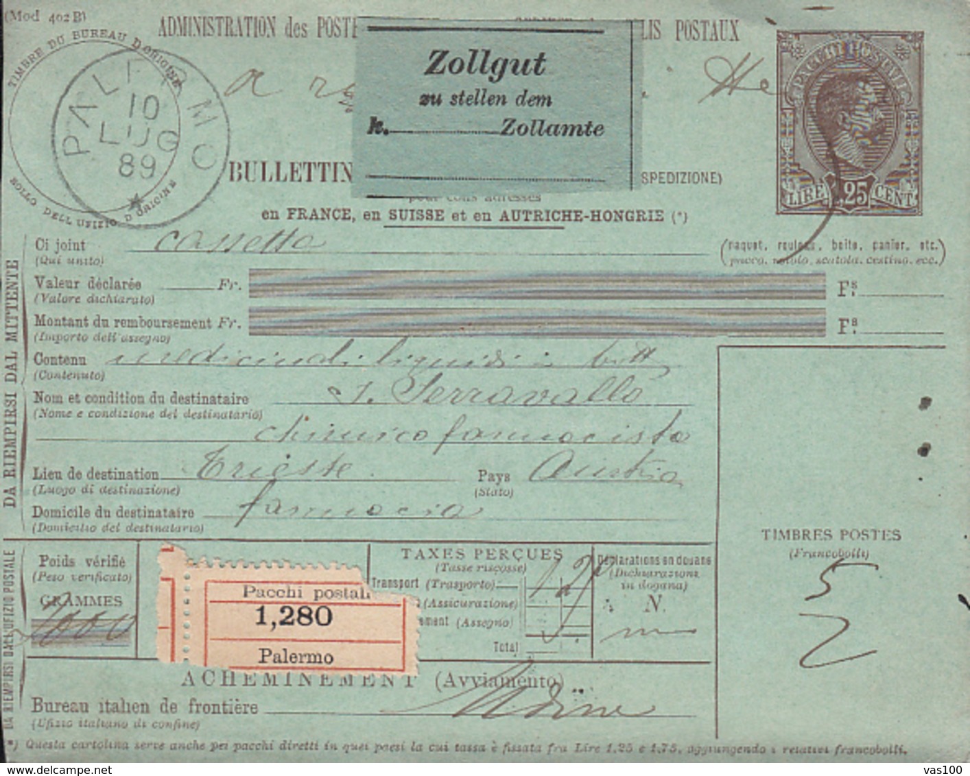 KING UMBERTO I, POSTAL PARCEL STATIONERY, ENTIER POSTAL, SENT FROM PALERMO TO TRIESTE, 1889, ITALY - Colis-postaux