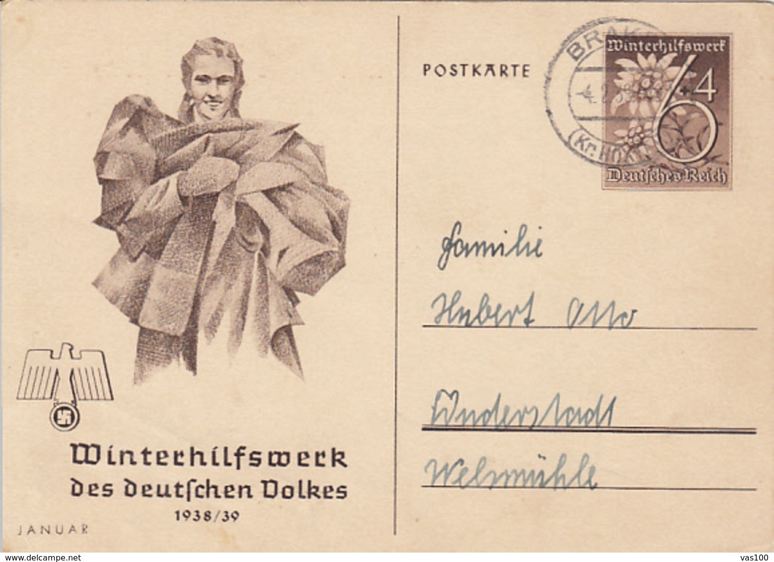 WW2 WINTER RELIEF FUND, WOMAN, EDELWEISS FLOWER, PC STATIONERY, ENTIER POSTAL, 1939, GERMANY - Briefe U. Dokumente