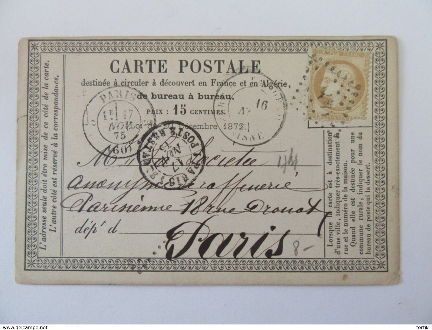 Carte Précurseur Fère En Tardenois Vers Paris - Timbre Cérès 15c YT N°55 - Ob. GC 1483 + Poste Restante - 1875 - 1849-1876: Période Classique