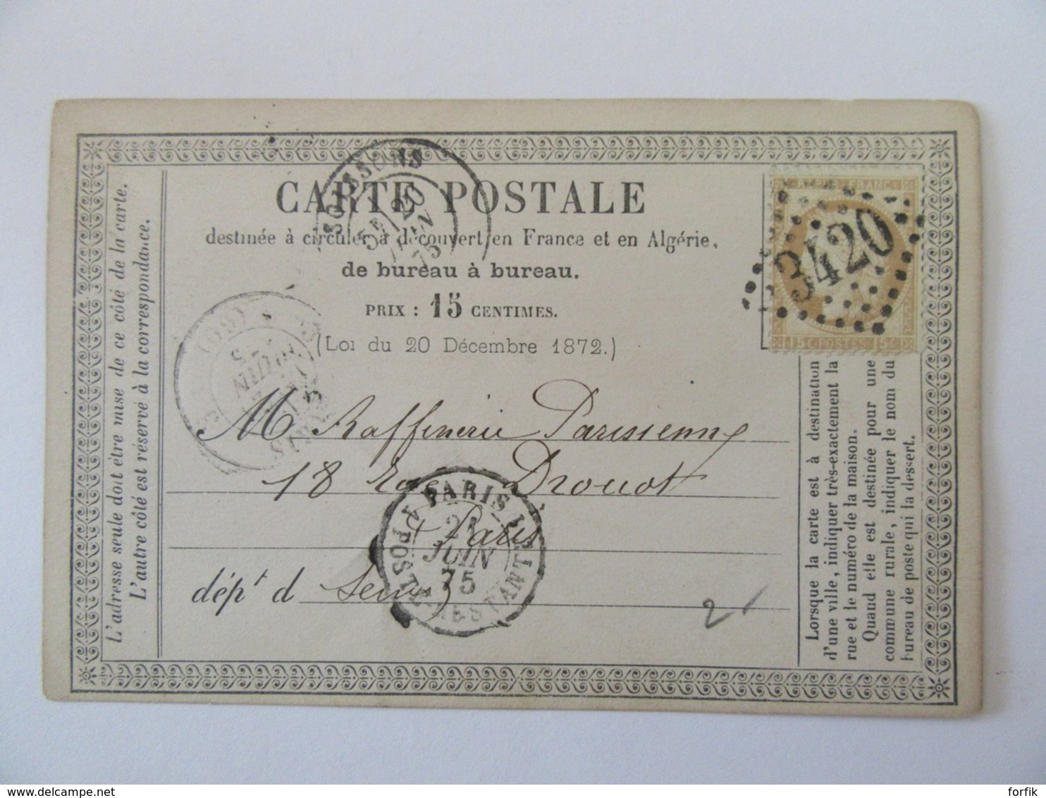 Carte Précurseur Soissons Vers Paris - Timbre Cérès 15c YT N°55 - Ob. GC 3420 + Poste Restante - 1875 - 1849-1876: Période Classique