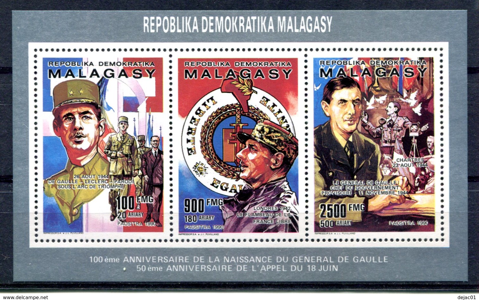 Thématique De Gaulle - Madagascar - Bloc Feuillet Yvert 987 à  989 - T 888 - De Gaulle (General)