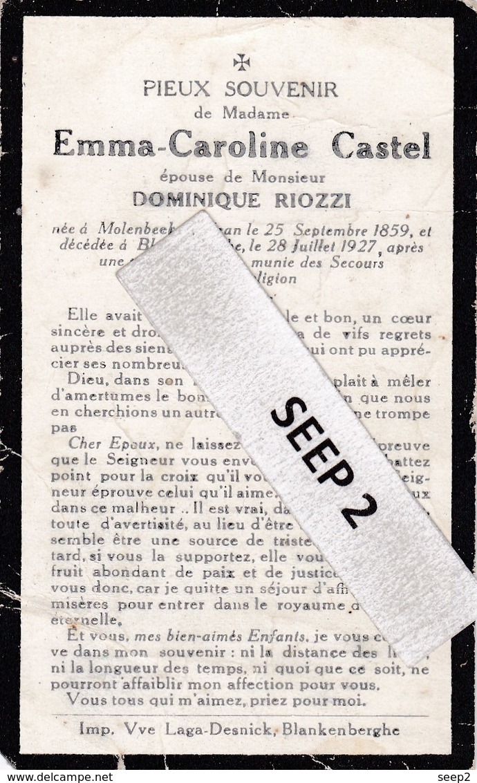 Franstalig DP Emma-Caroline CASTEL Molenbeek St.Jean 1859-1927 Blankenberge (épouse Riozzi) - Religion & Esotérisme