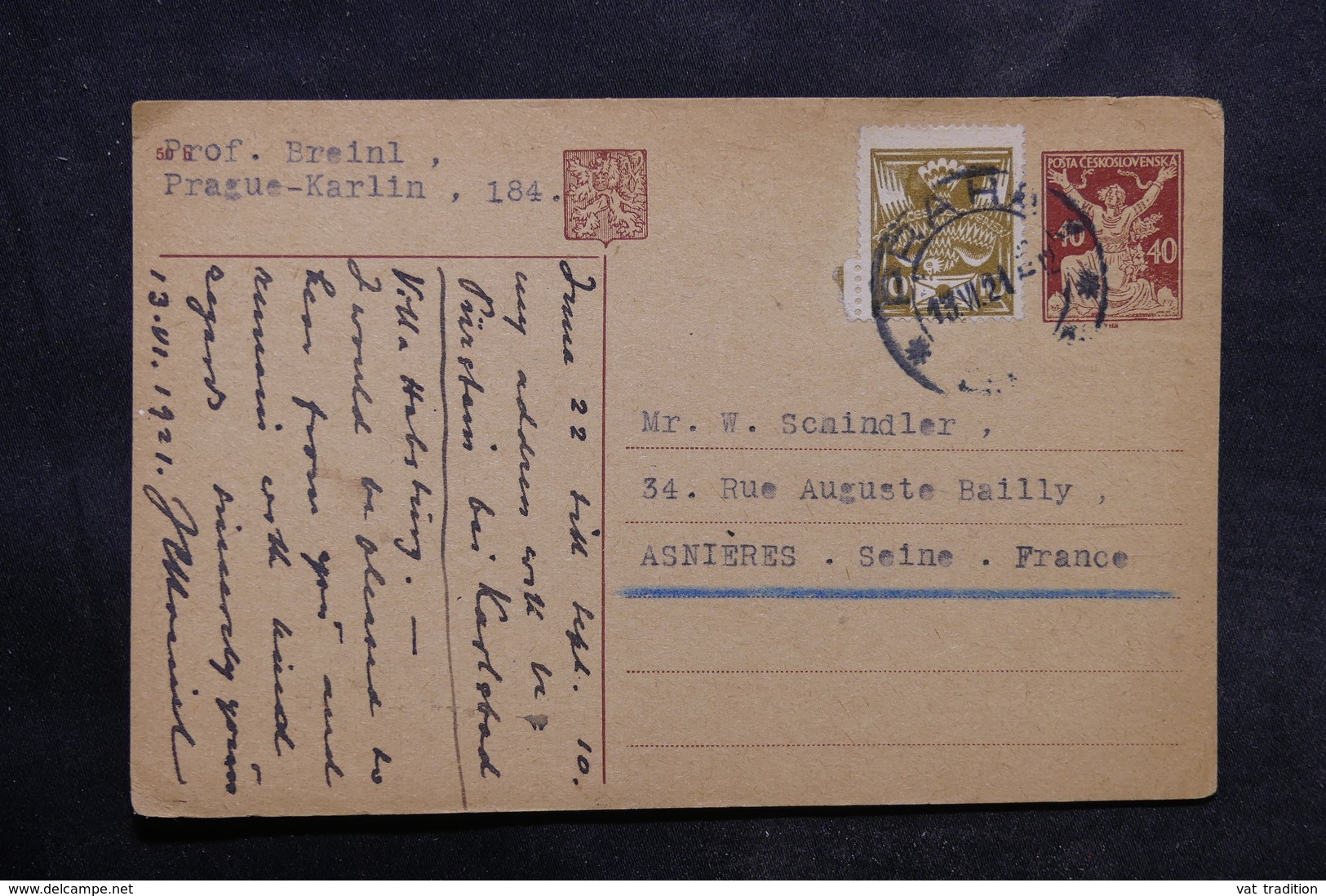 TCHÉCOSLOVAQUIE - Entier Postal + Complément De Prague Pour La France En 1921 - L 33642 - Cartes Postales
