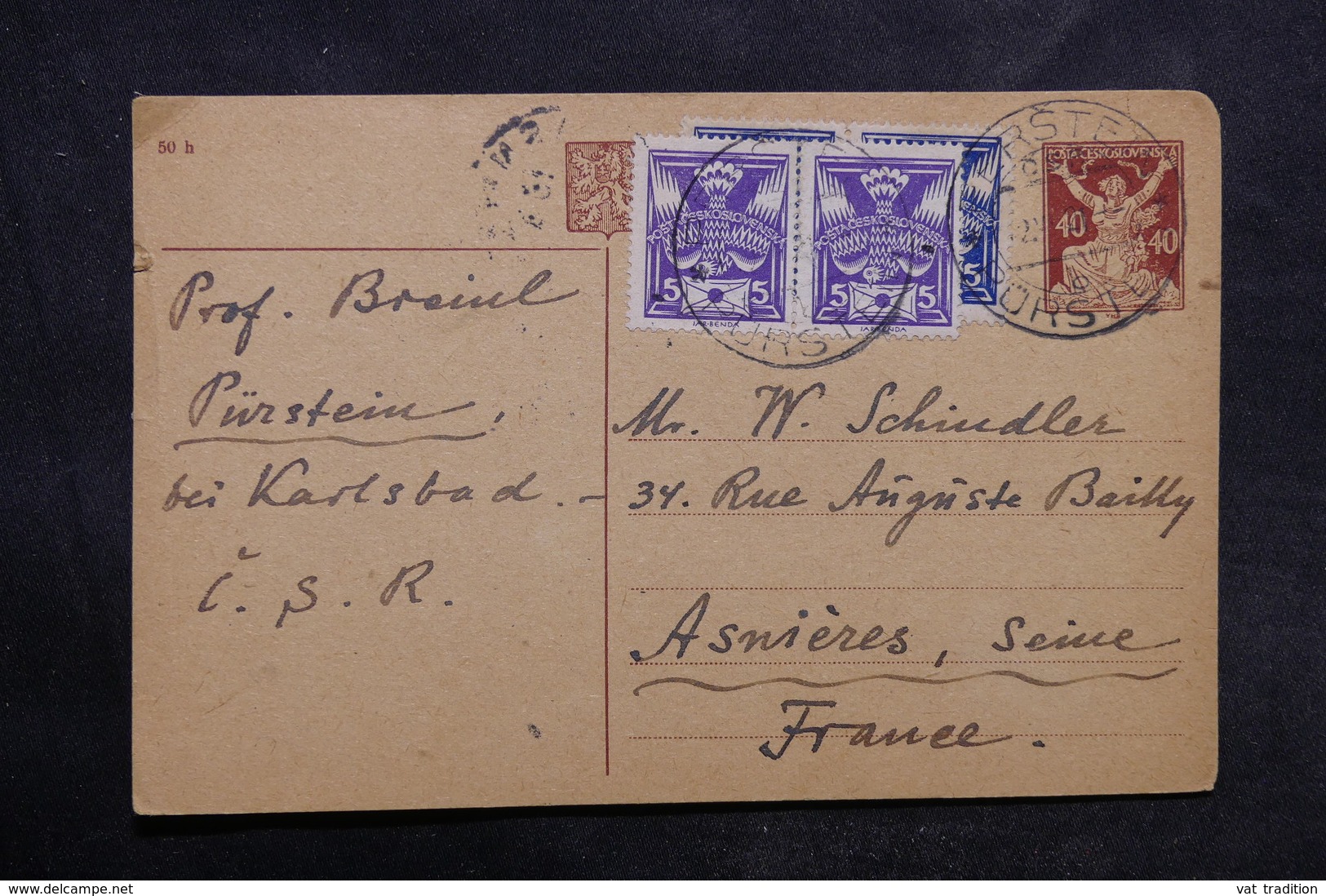 TCHÉCOSLOVAQUIE - Entier Postal + Compléments De Pürstein Pour La France En 1921 - L 33643 - Postales