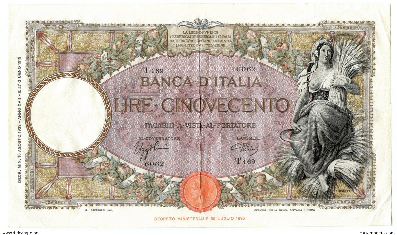 500 LIRE CAPRANESI MIETITRICE TESTINA FASCIO ROMA 16/08/1939 BB/SPL - Regno D'Italia – Autres