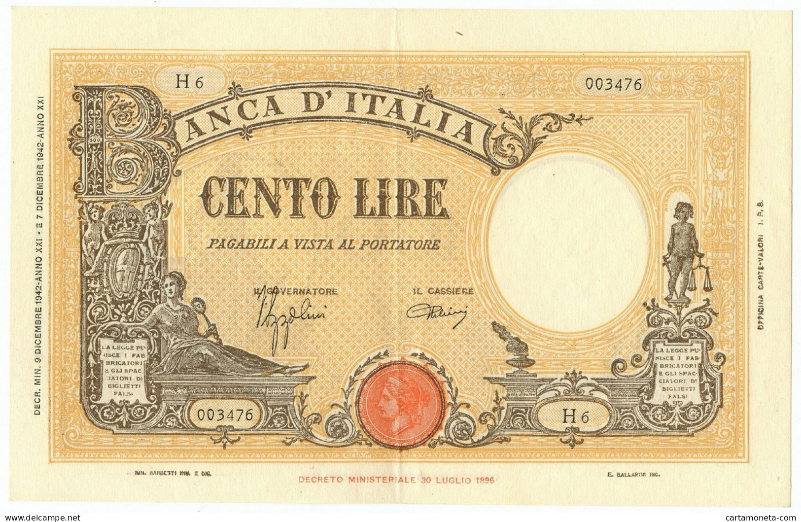 100 LIRE BARBETTI GRANDE B GIALLO TESTINA FASCIO 09/12/1942 SUP- - Regno D'Italia – Other