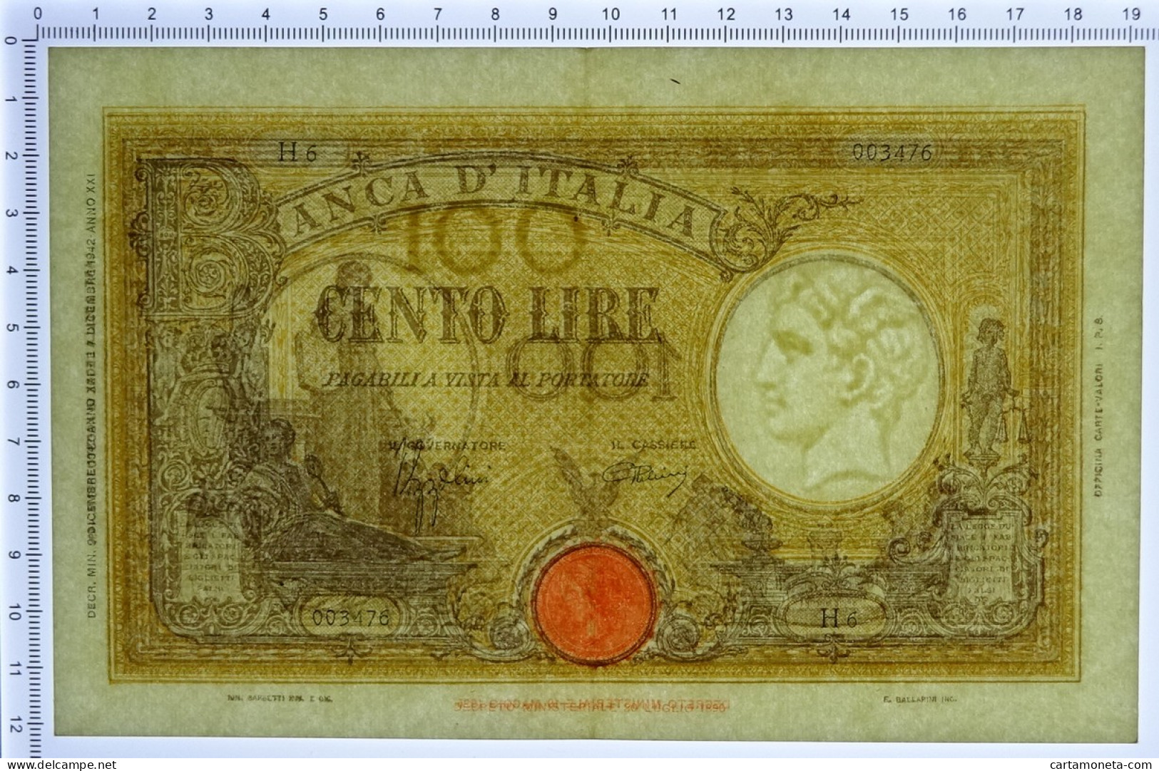 100 LIRE BARBETTI GRANDE B GIALLO TESTINA FASCIO 09/12/1942 SUP- - Andere