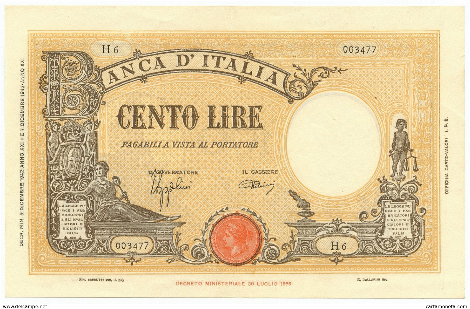 100 LIRE BARBETTI GRANDE B GIALLO TESTINA FASCIO 09/12/1942 SPL+ - Sonstige