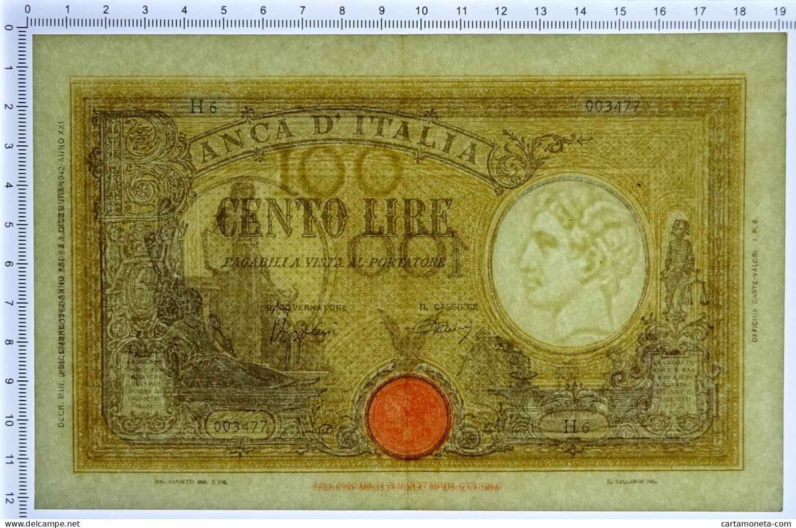 100 LIRE BARBETTI GRANDE B GIALLO TESTINA FASCIO 09/12/1942 SPL+ - Sonstige