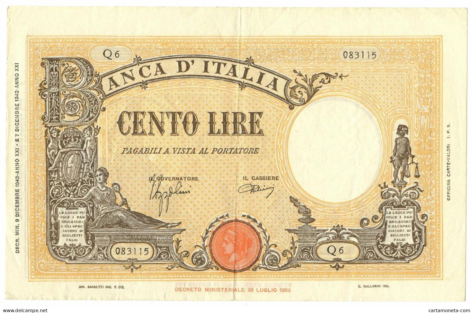 100 LIRE BARBETTI GRANDE B GIALLO TESTINA FASCIO 09/12/1942 BB/SPL - Regno D'Italia – Other