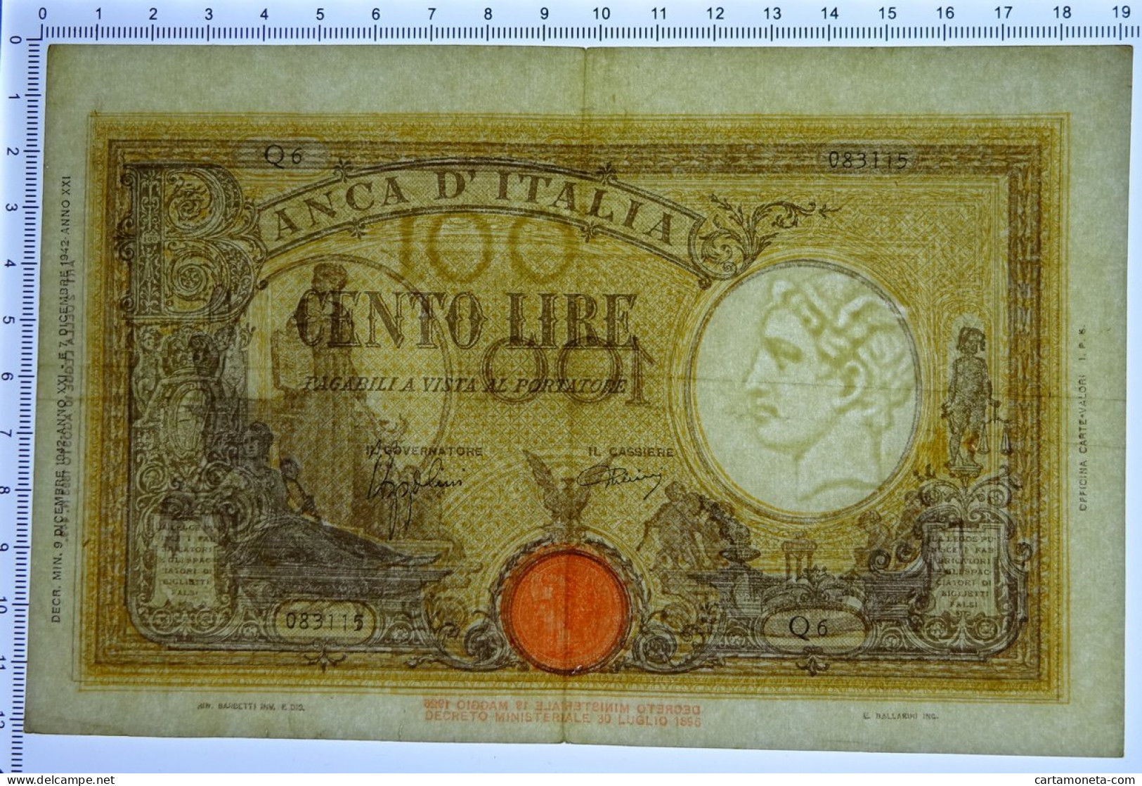 100 LIRE BARBETTI GRANDE B GIALLO TESTINA FASCIO 09/12/1942 BB/SPL - Sonstige