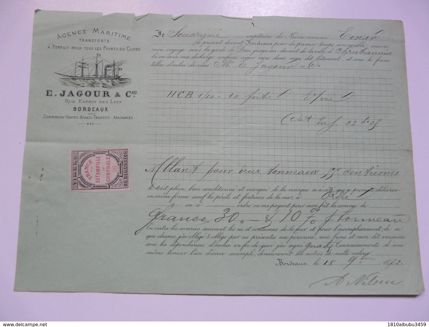 VIEUX PAPIERS - 33 BORDEAUX - Agence Maritime Transports : E. JAGOUR & CIE - 1800 – 1899