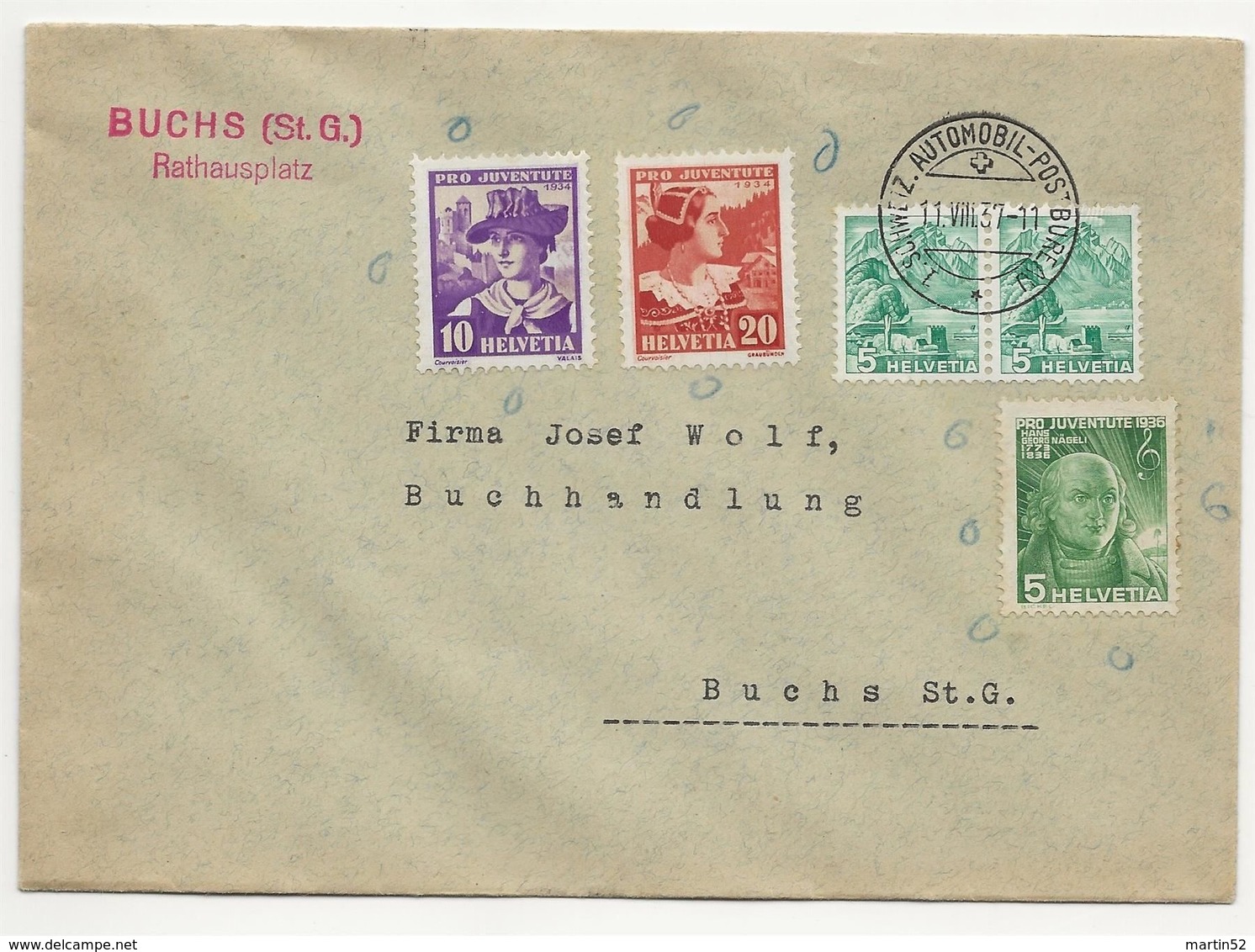 Schweiz Suisse  1937: Zu 202 Mi 298 Yv 290 + Pro Juventute 1936 Mit O BUCHS (St. G.) 11.VIII.37 AUTOMOBIL-POSTBUREAU - Lettres & Documents