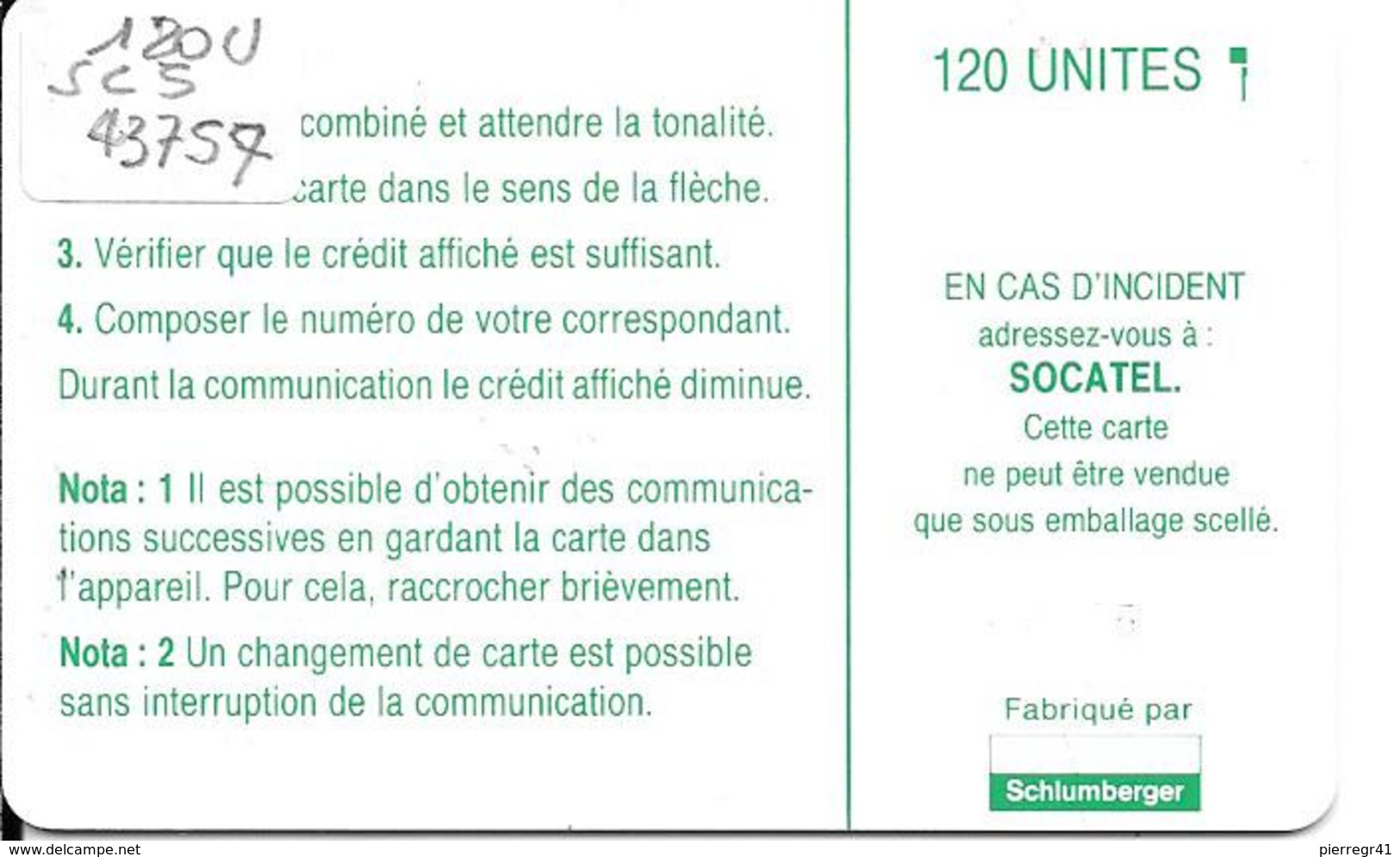 CARTE-PUCE-CENTRE AFRIQUE-120U-SC5-SOCATEL-VERT-N°Ge 43757-TBE - Centrafricaine (République)