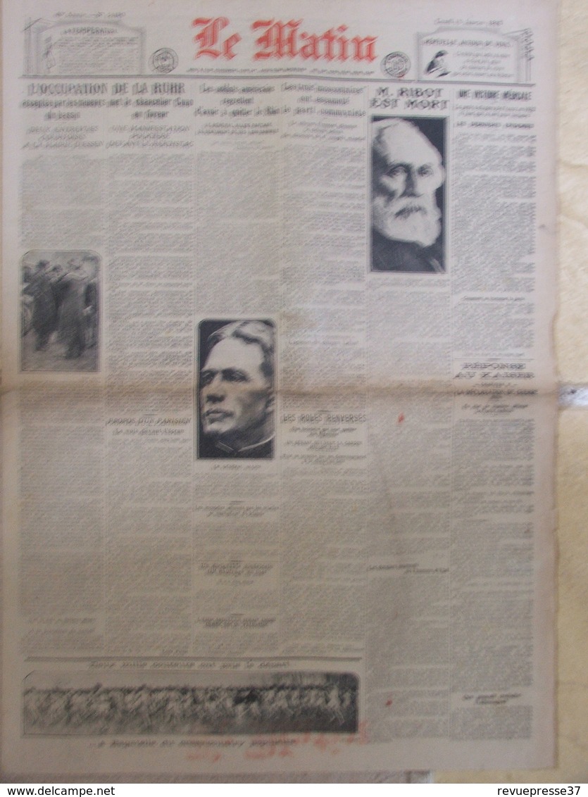 Journal Le Matin (15 Janv 1923) L'occupation De A Ruhr - Mort De M Ribot - Disparition Peste En France - - Autres & Non Classés