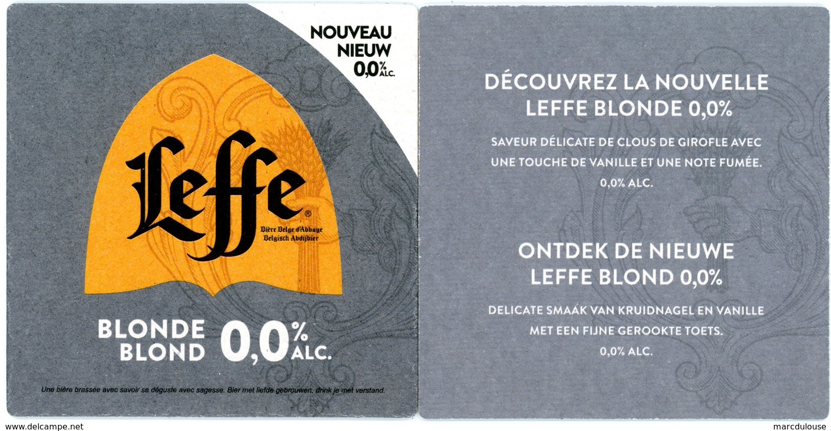 Belgium. Leffe Blonde - Blond 0,0 % Alc. Nouvelle - Nieuwe. Saveur Délicate De Clous De Girofle Avec Vanille, Note Fumée - Portavasos